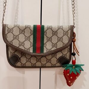GUCCI GG Sherry Line
PVC Leather Fabric Pouch Crossbody, Strawberry Charm & Bag!
